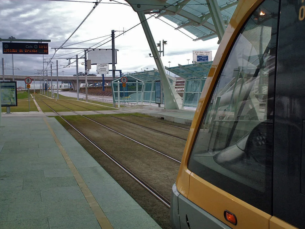 Metro junto al aeropuerto de Porto visto desde el vagón